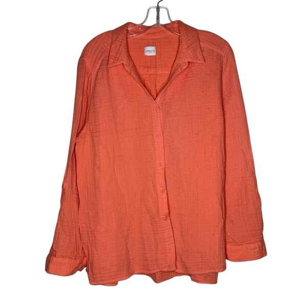Chico's Orange Long Sleeve Button Up Shirt Roll Tab Sleeve 100% Cotton - Picture 1 of 11